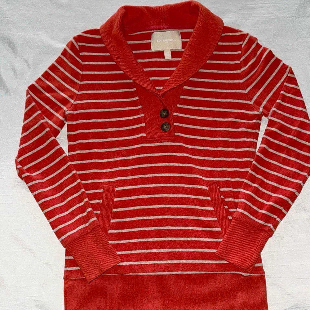 Banana Republic Pullover Orange & Tan Stripe Button Accent Shawl Collar Sz XS